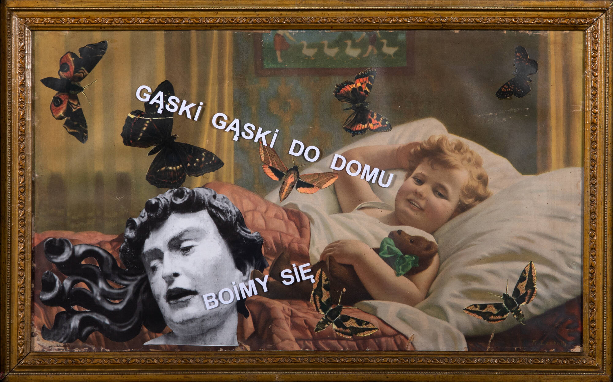 Collaged artwork of small child in bed with a bear with images of medusa and butterflies around him.